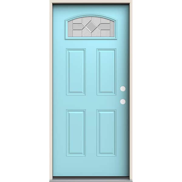 36 in. x 80 in. Left-Hand/Inswing Camber Top 1/4 Lite Caldwell Decorative Glass Caribbean Blue Steel Prehung Front Door