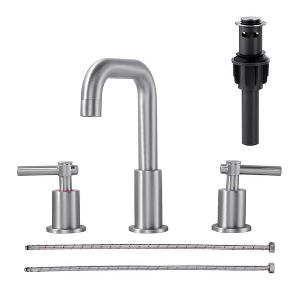 Brushed Nickel 8 in. Widespread Double Handle High-Arc Bathroom Faucet with Pop-up Drain Kit