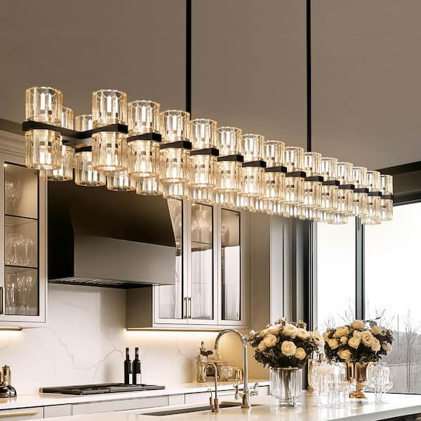 53 in. 60-Light Black Rectangular K9 Crystal Chandelier for Dining Room, Living Room, Foyer