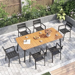 82.67 in. Rectangular Round Corner Aluminum Outdoor Patio Dining Table with Wood-Like Tabletop in Brown