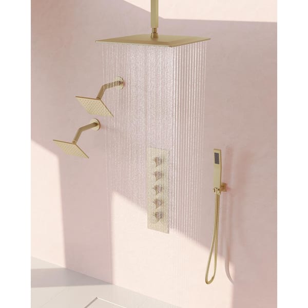 GRANDJOY SerenityFlow 15-Spray 16 and 6 in. Dual Ceiling Mount Fixed and Handheld Shower Head 2.5 GPM in Brushed Gold
