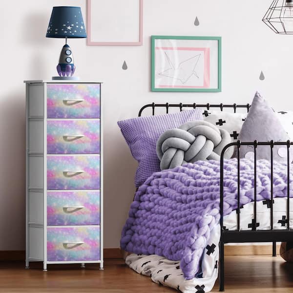 Sorbus Rainbow Sparkle 5 Drawer 17 in. Wide Dresser without Mirror, Tall Storage Unit w/Steel Frame, Wood Top, and Fabric Bins