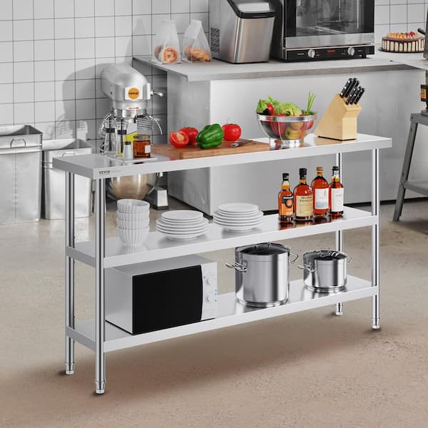 14 in. x 60 in. x 34 in. Silver Stainless Steel Commercial Kitchen Prep Table with 2 Adjustable Undershelf for BBQ