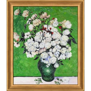 Vase with Roses by Vincent Van Gogh Muted Gold Glow Framed Abstract Oil Painting Art Print 24 in. x 28 in.