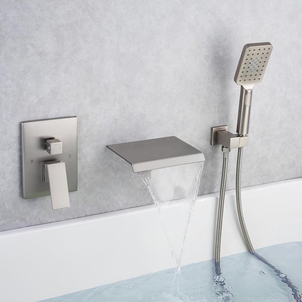 Single-Handle Wall Mount Roman Tub Faucet with Waterfall Tub Spout and Rough-In Valve in Brushed Nickel