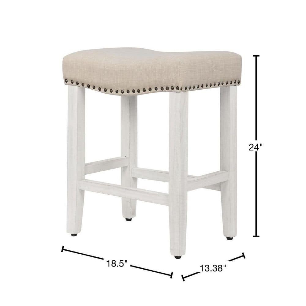 Antique White-Beige Upholstered Saddle Seat 24" Bar Stool Set