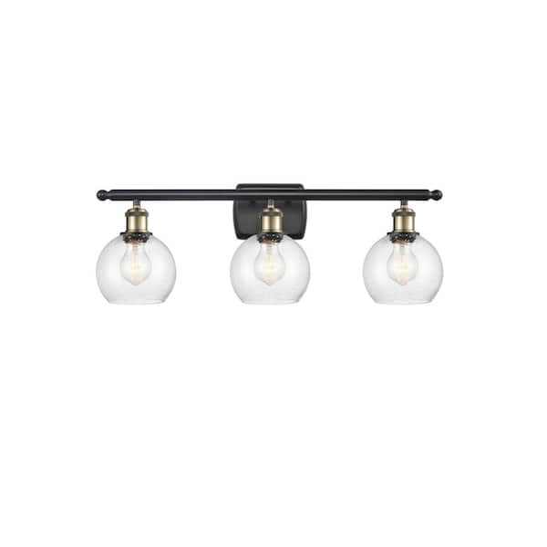 Innovations Athens 26 in. 3-Light Black Antique Brass, Seedy Vanity Light with Clear Glass Shade