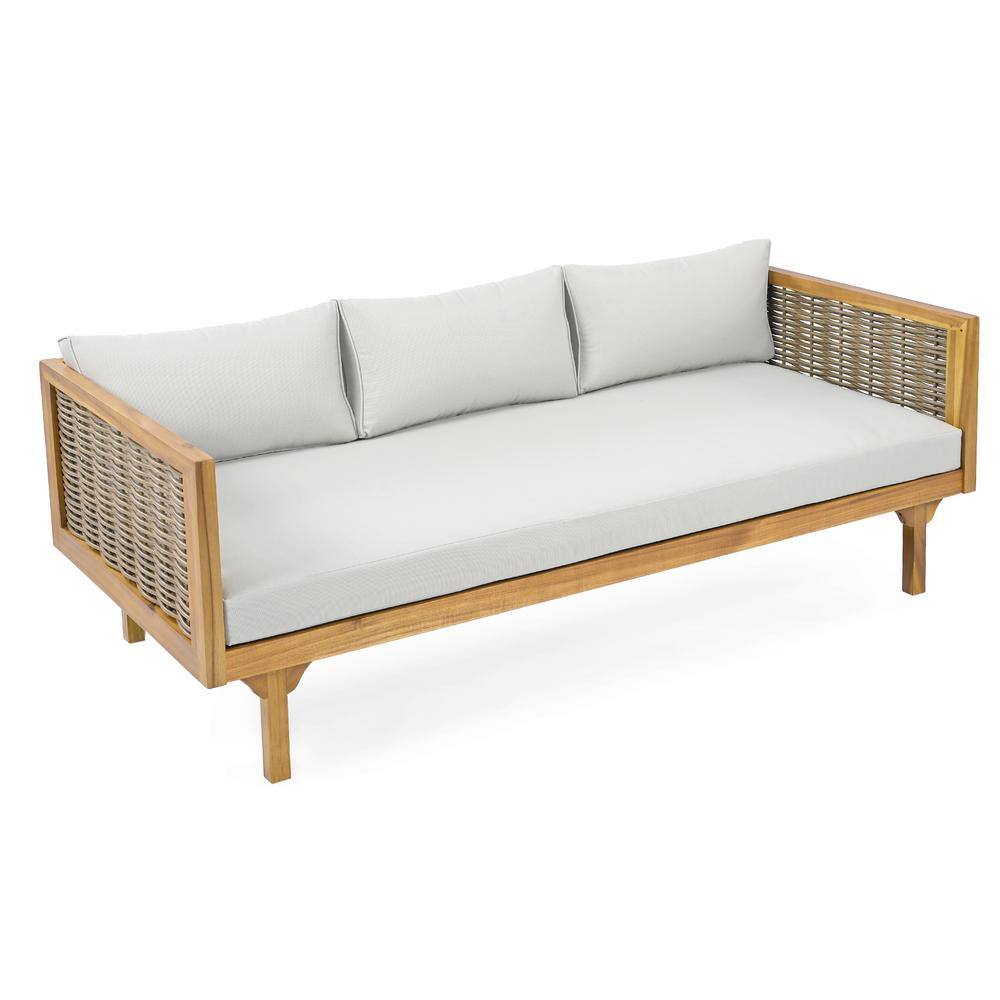 3-Seater Wood Outdoor Day Bed with Gray Cushion, Rattan Armrests-Outdoor Lo