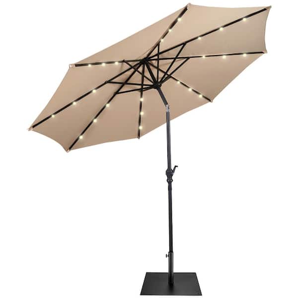 Costway 9 ft. Market Patio Umbrella in Beige with Solar Lights and 40 lbs. Steel Umbrella Stand