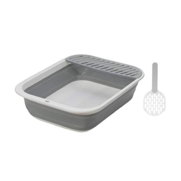 Phewnyzo Large Open Top Cat Litter Box with Scoop, Adjustable High Sides, Anti-Splash, Odor-Free and Easy Clean, Gray