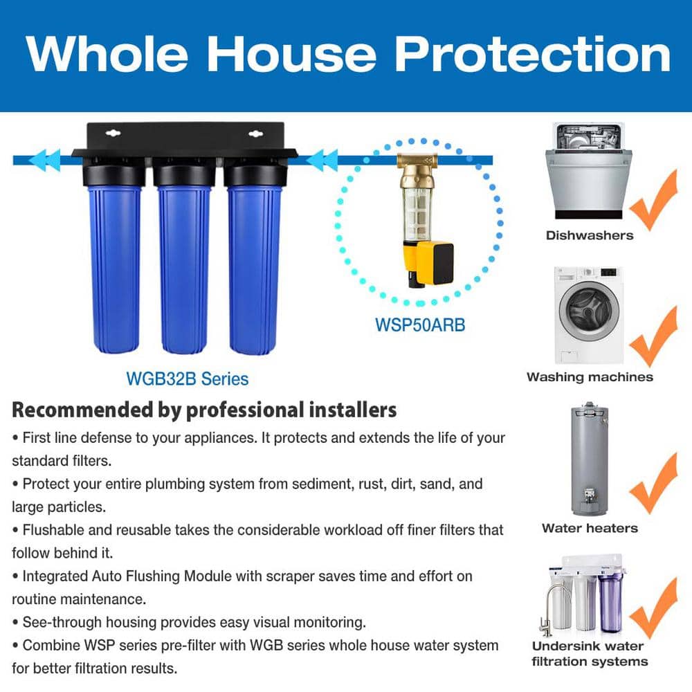 iSpring Brass and Clear Spin Down Sediment Water Filter with Auto Flushing