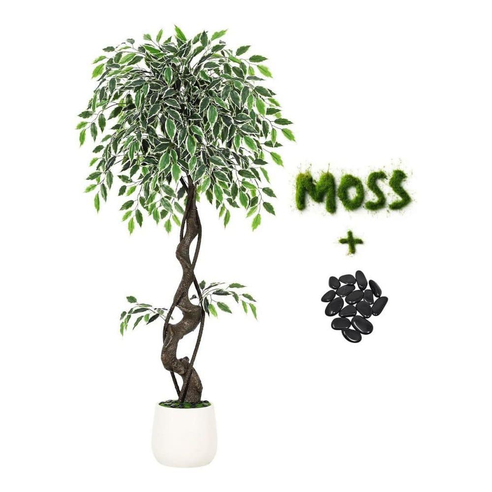 4FT Artificial Ficus Tree Indoor, Faux Plants with Planter, Pebbles & Green Fake Moss