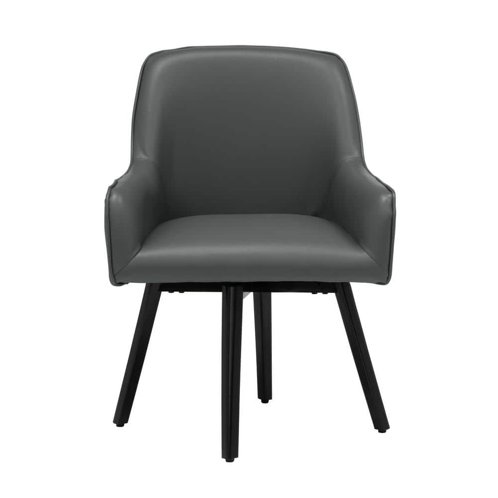 Matte Black Leather Swivel Armchair with Metal Legs
