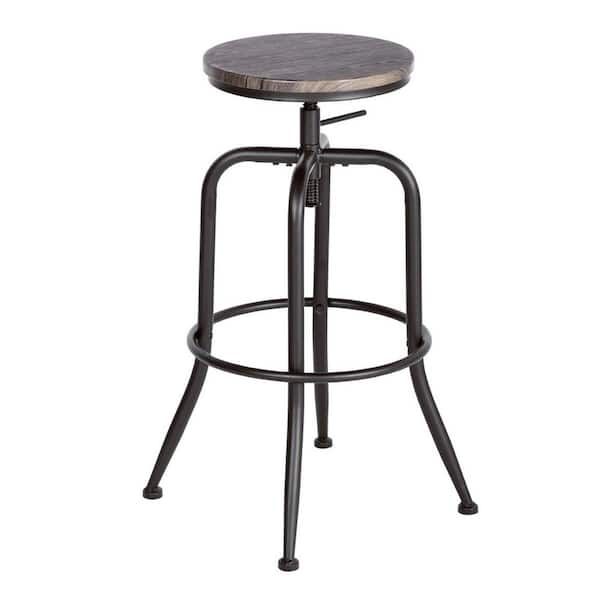 Spaco 30.3 in. Walnut Black Backless Metal Frame Adjustable Height Industrial Counter Bar Stools with Wood Seat (Set of 2)
