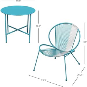 3-Piece Patio Wicker Bistro Table Set Outdoor Shell Chair Side Table Conversation Set with Footrest in Blue