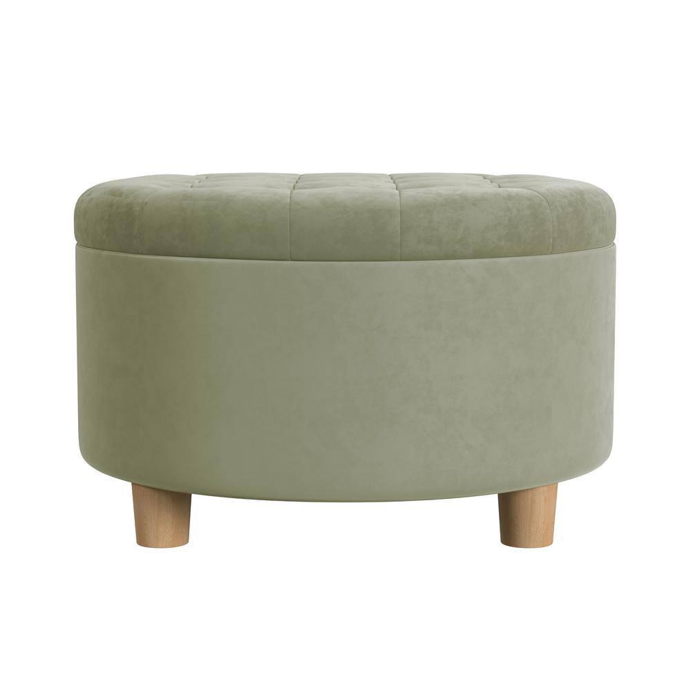 Light Sage Green Velvet Round Tufted Ottoman with Storage