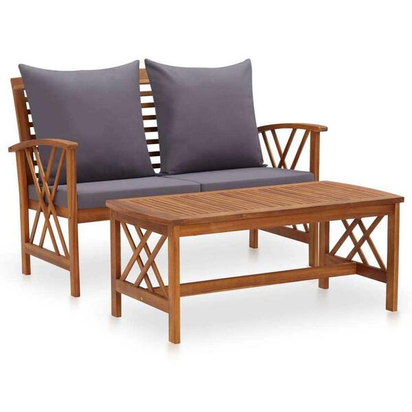 Afoxsos 2-Piece Acacia Wood Outdoor Conversation Set with Dark Gray Cushions and Coffee Table