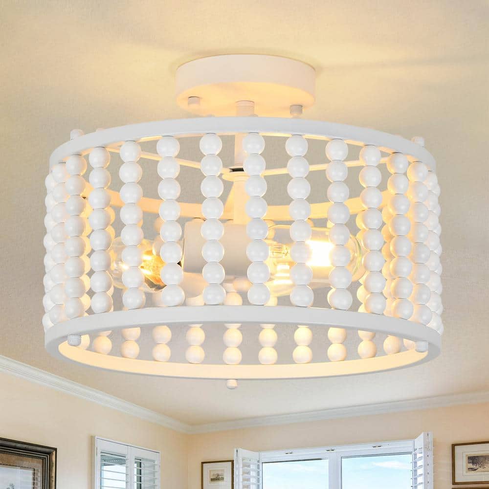 12.6 in. 3-Light White Farmhouse Wood Beaded Shade Semi-Flush Mount Ceiling
