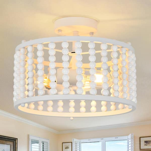 GoYeel 12.6 in. 3-Light White Farmhouse Wood Beaded Shade Semi-Flush Mount Ceiling Light
