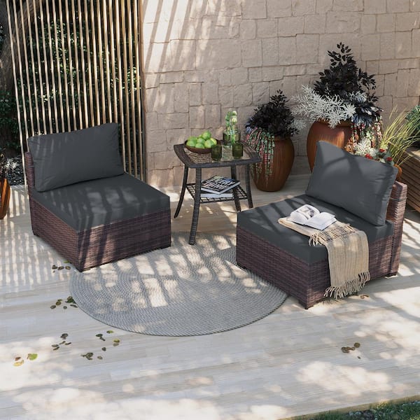 UPHA 2-Person Stylish Wicker Patio Conversation Seating Set with Cushions in Dark Gray