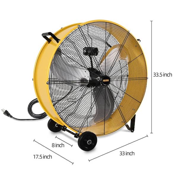 30 in. 3 Fan Speeds Drum Fan in Yellow with Handle and Wheels, Industrial Fan