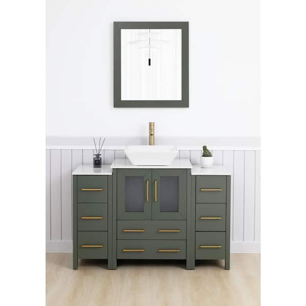 48 in. W Single Basin Vintage Green Bath Vanity with White Engineered Marble Top and Mirror