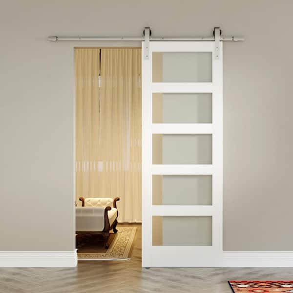 30 in. x 84 in. White, Finished, MDF, Frosted Glass, 5 Glass Panel Barn Door Slab with Brushed Nickel Hardware Kit