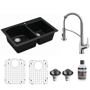 QT-610 Quartz 33 in. 60/40 Double Bowl Drop-In Kitchen Sink in Black with KKF210 Faucet in Stainless Steel