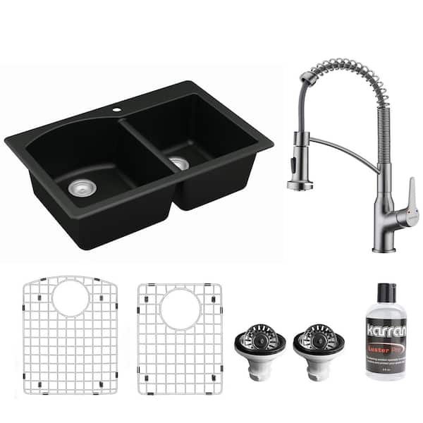 Karran QT-610 Quartz/Granite 33 in. 60/40 Double Bowl Drop-In Kitchen Sink in Black with KKF210 Faucet in Stainless Steel