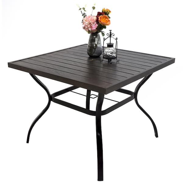 MEOOEM 37 in. Square Metal Table Outdoor Patio Dining Table with 1.57 in. Umbrella Hole Wood-Like for Lawn Garden