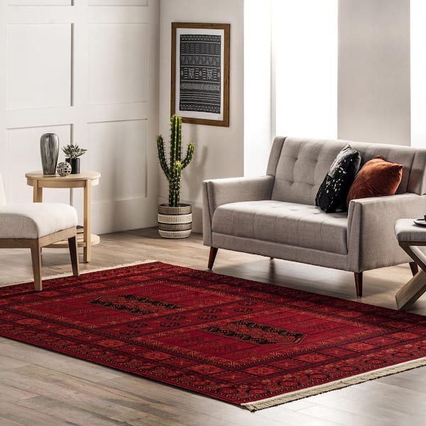 Billie Traditional Paneled Fringe Red 9 ft. x 12 ft. Area Rug