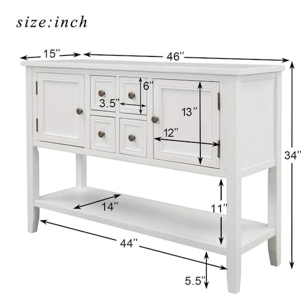 URTR 46 in. White Rectangle Wood Console Sofa Table Buffet Sideboard with 4-Storage Drawers 2-Cabinets and Shelf