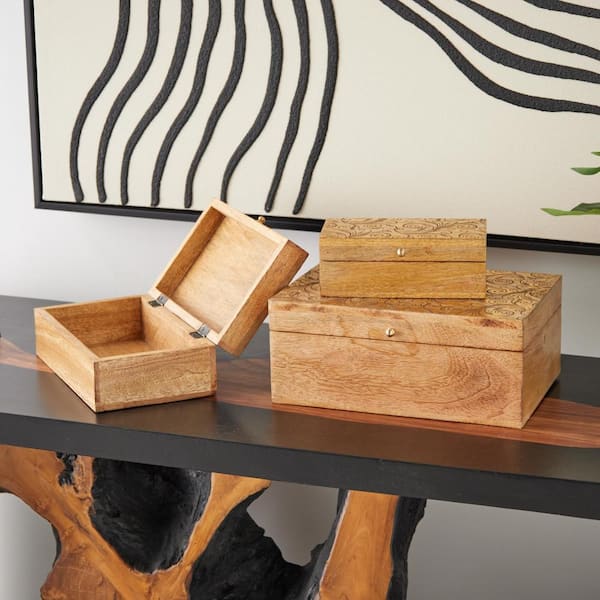 Litton Lane Rectangle Mango Wood Handmade Storage Scroll Box with Gold Accents (Set of 3)