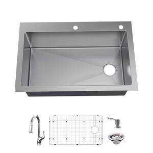 AIO Dolancourt Tight Radius Drop-in/Undermount 18G Stainless Steel 33 in. Single Bowl Kitchen Sink with Pull-Down Faucet