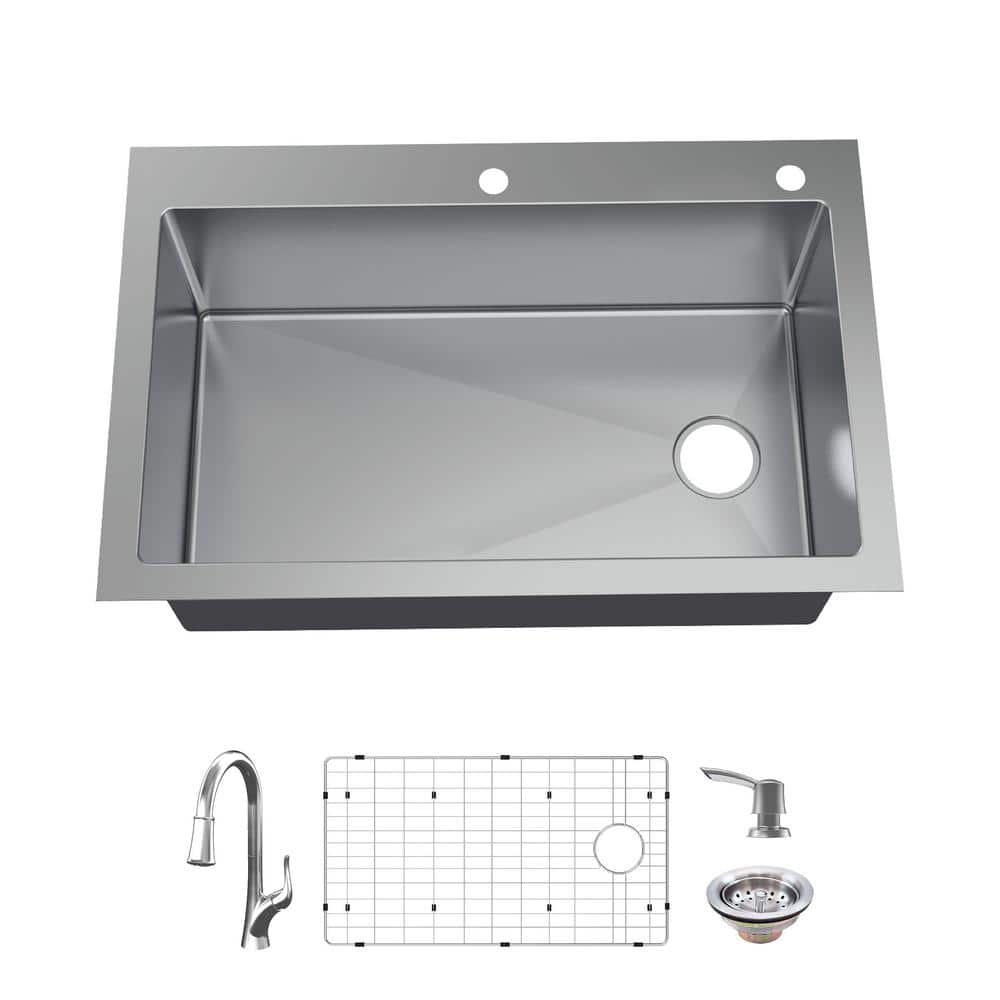 Glacier Bay AIO Dolancourt Tight Radius Drop-In/Undermount 18G Stainless Steel 33 in. Single Bowl Kitchen Sink with Pull-Down Faucet, Silver