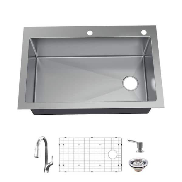 Glacier Bay Dolancourt Tight Radius 33 in. Drop-In Single Bowl 18 Gauge Stainless Steel Kitchen Sink with Pull-Down Faucet