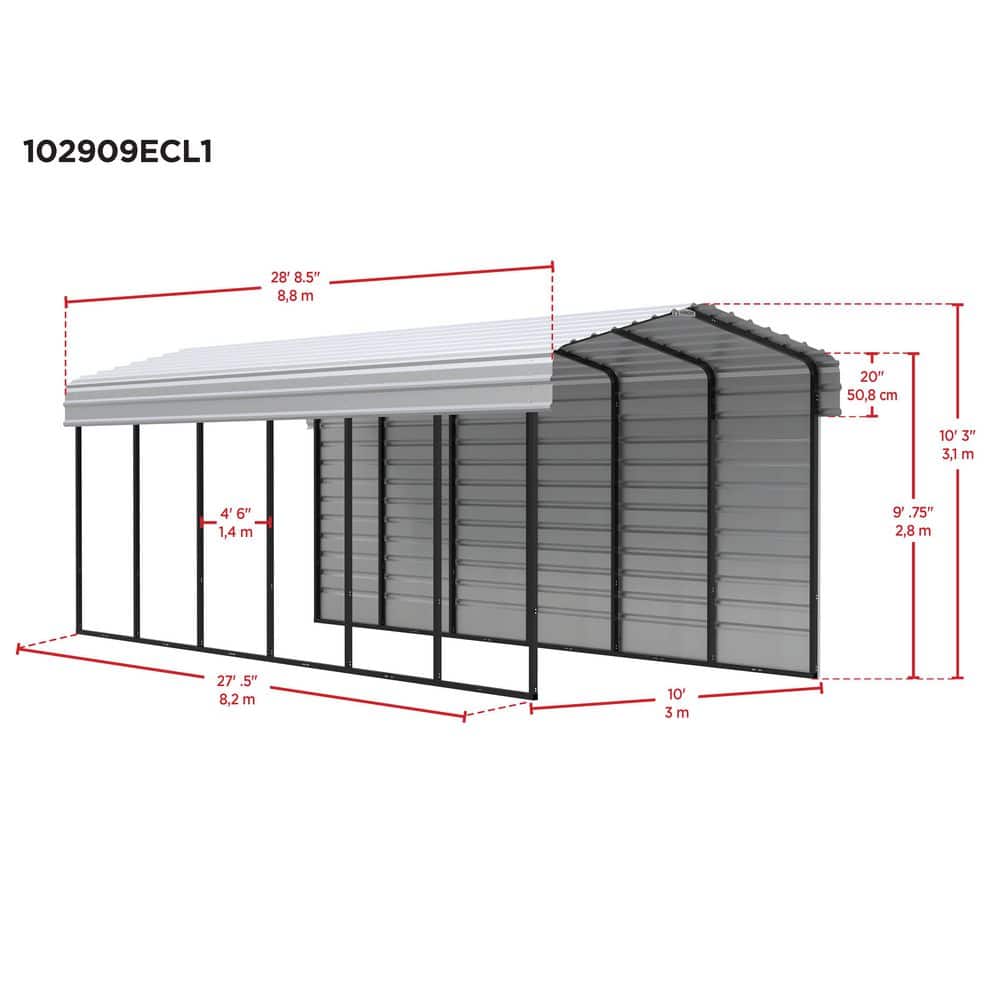 Charcoal Steel Peak Carport Kit with Enclosure, 10' x 29'