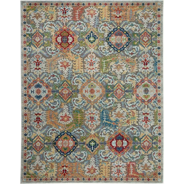 Nourison Global Vintage Grey/Multicolor 9 ft. x 12 ft. Border Tradtional Area Rug