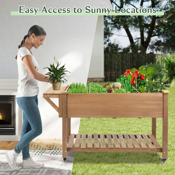 Large 55 in. Brown Wood Outdoor Raised Garden Bed with Lockable