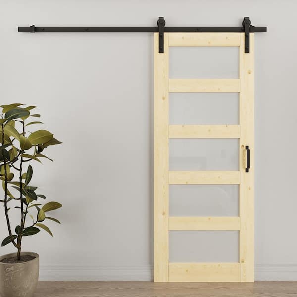32 in. x 80 in. 5-Lite Frosted Glass Unfinished Glass Sliding Barn Door with Hardware Kit