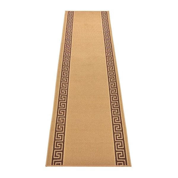RugStylesOnline Meander Greek Key Design Cut to Size Beige Color 36" Width x Your Choice Length Custom Size Slip Resistant Runner Rug