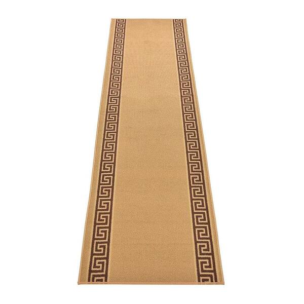 RugStylesOnline Meander Greek Key Beige 22 in. Width x 5 ft. Your Choice Length Slip-Resistant Stair Runner Rug