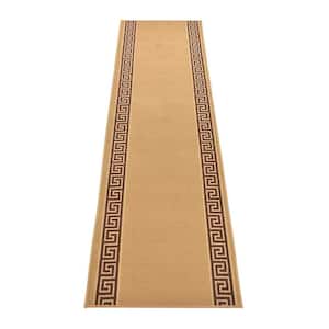 Meander Greek Key Design Beige 36 in. Width x 22 ft. Your Choice Length Slip-Resistant Stair Runner