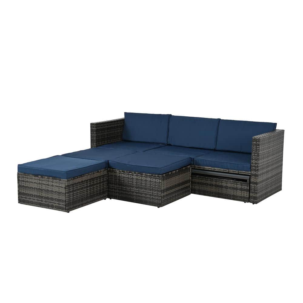 6-Person Dark Gray Wicker Outdoor Sectional Set with Blue Cushions