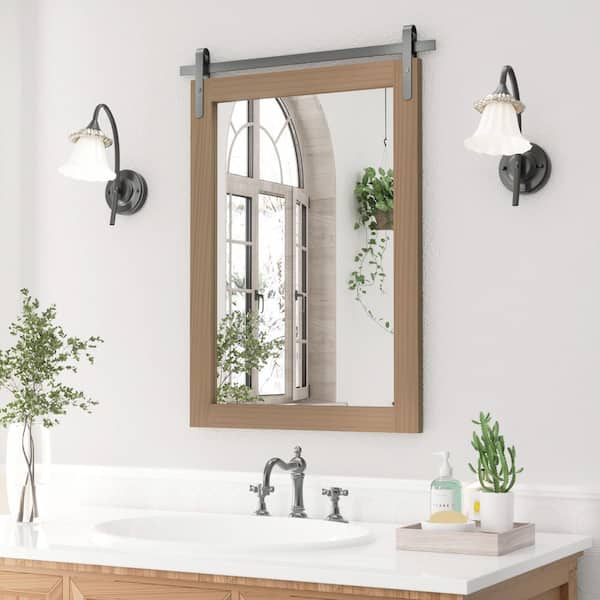 PAIHOME 18 in. W x 26 in. H Square Medium Mirrors Wood Framed Mirrors Wall Mirrors Bathroom Vanity Mirror Barn Mirror in Brown