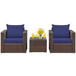 3-Piece Wicker Patio Conversation Set with Blue Cushions and Tempered Glass-Top Table