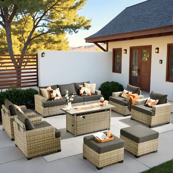 HOOOWOOO Kelleys 10-Piece Wicker Modern Outdoor Patio Furniture Conversation Sofa Set with a Fire Pit and Black Cushions