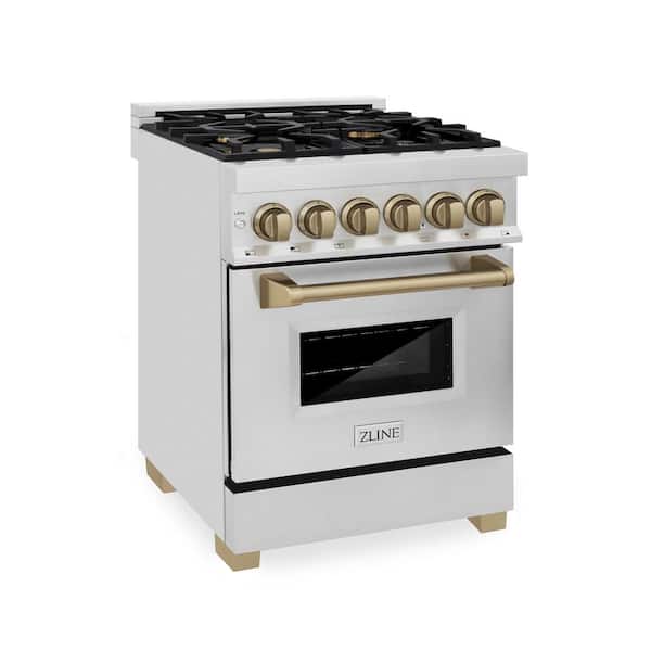 ZLINE Kitchen and Bath Autograph Edition 24 in. 4 Burner Dual Fuel Range in Stainless Steel and Champagne Bronze