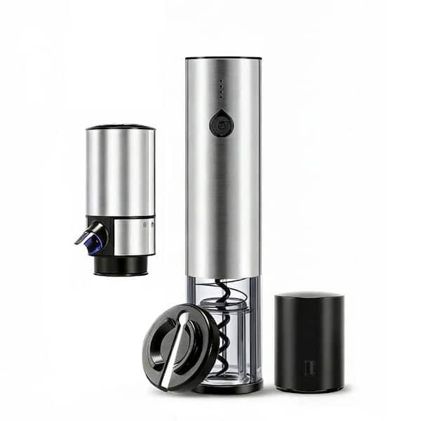 Modern Silver Wine Bottle Opener Set with Electric Decanter Aerator Foil Cutter and 2-Vacuum Stoppers