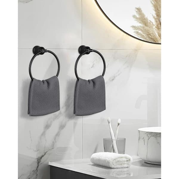 Wall Mounted Stainless Steel Round Towel Ring Hand Towel Holder for Bathroom Kitchen in Matte Black (2 Pack)